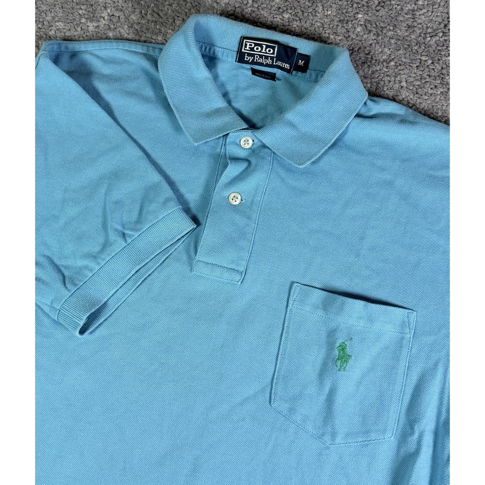 Polo Ralph Lauren Mens Size Medium Aqua Blue Pocket Polo Shirt Preppy Green Pony